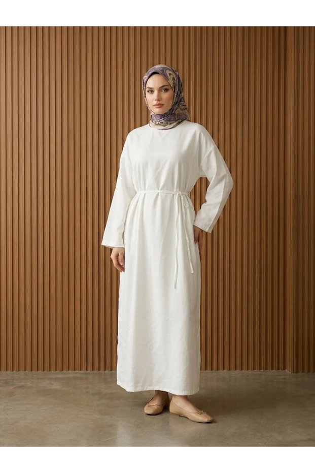 Women's Kupra Fabric Belted Long Dress 138 cm Without Pockets Unlined Comfortable Fit Hijab Dress-White