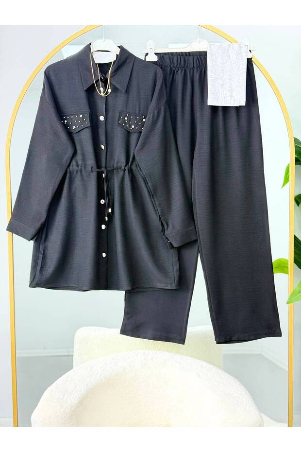 Lace-Up Linen Trouser Suit with Stone-Embellished Cap