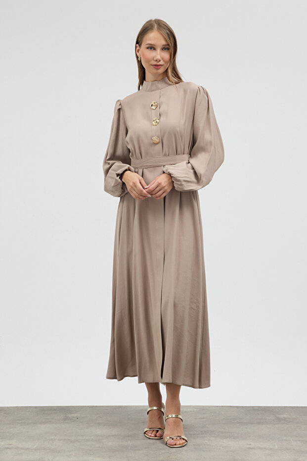 Button Detailed Cupra Dress - Beige
