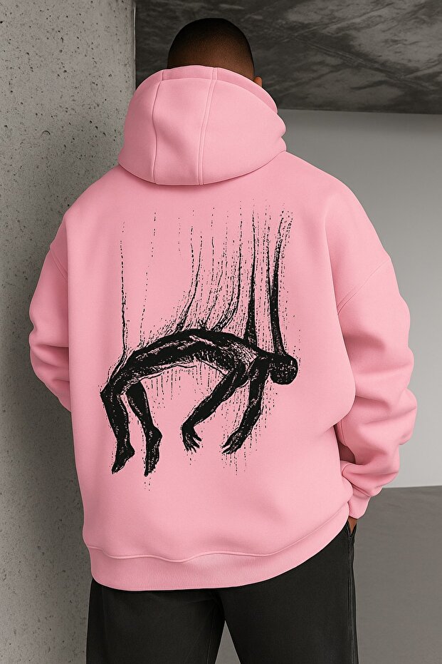 Unisex Oversize 3 Thread Yarn Kangaroo Pocket "Abstract Figure" Printed Hooded Sweatshirt
