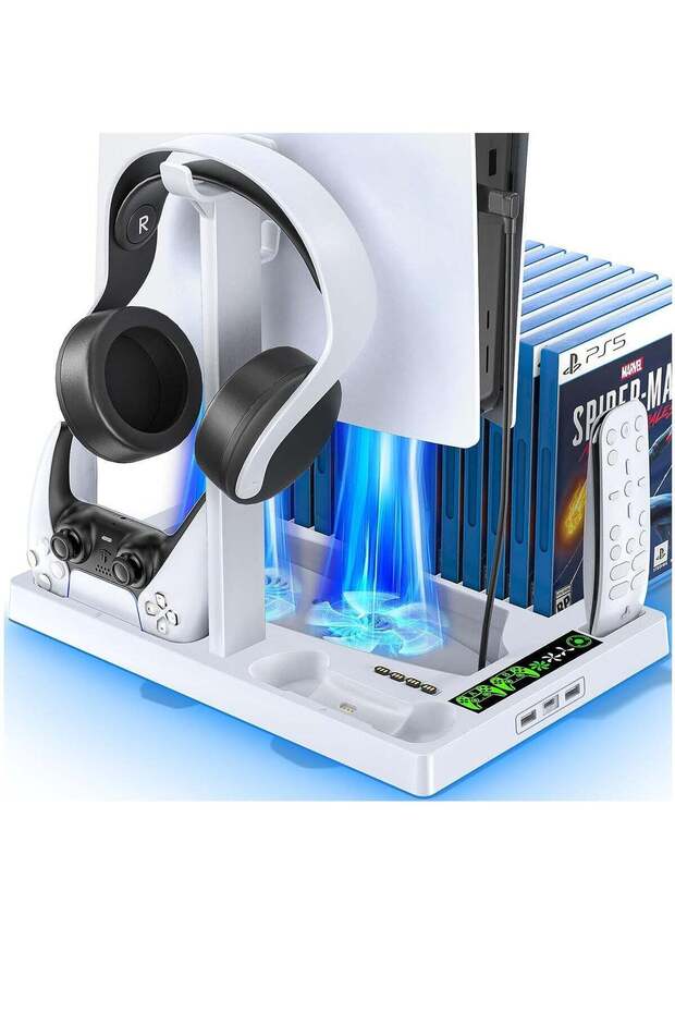 PS5 Cooling Stand With Controller Charger, Cooling Station With 3-Level Speeds Cooling Fan, PS5 Controller Charging Doking Station With 15 Games Organizer & Headset Holder For Playstation 5 Conso
