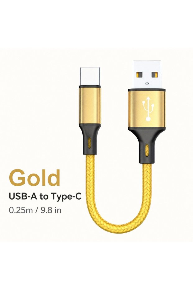 0.25m Gold USB-A to USB-C 0.25M Short USB-A to Type-C Cable 3A Fast Charging Data Sync Nylon Braided