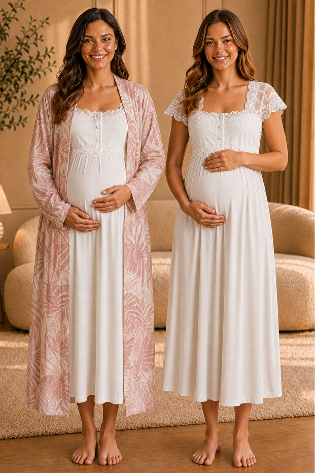 Soft Textured Patterned Dressing Gown Maternity Nightgown Set Effortt - Powder/Ecru