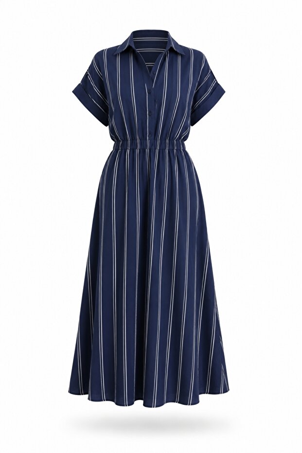 Navy Blue Stone Detailed Striped Dress 4904