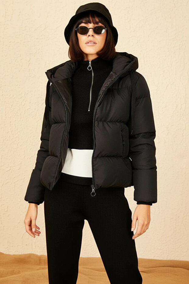 Women's Hooded Inflatable Black Coat