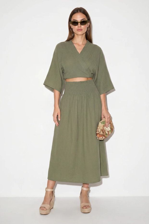 Women's Double-Breasted Tie-Down Blouse with Gipe Detailed Lined Skirt Cotton Green Set