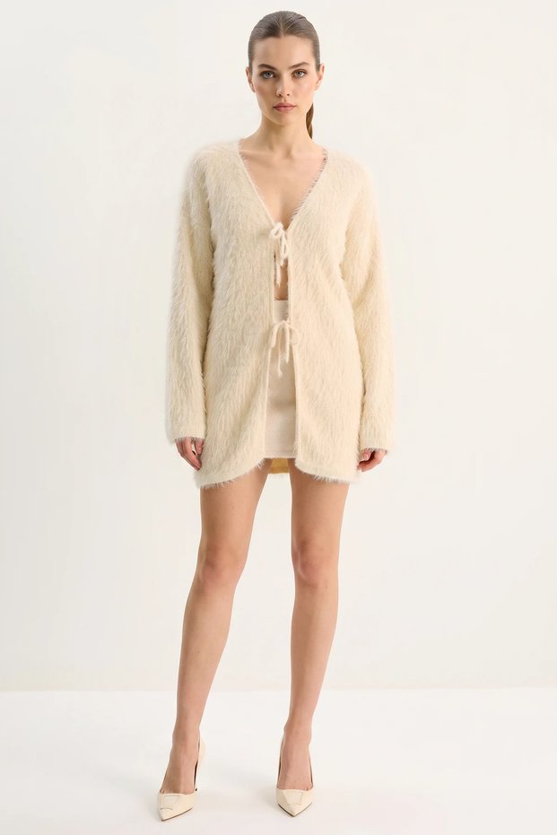 Women's Bearded Soft Textured Knitwear with Tie Detail Cream Cardigan