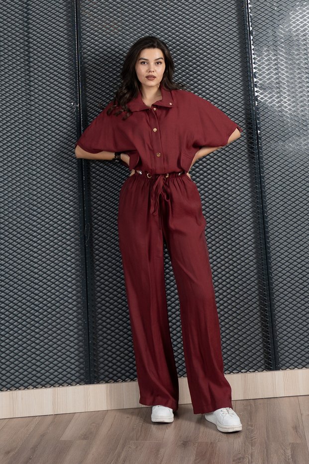 Women's Summer Burgundy Trendy Suit Waist Tunneled Elastic Blouse and Pocketed Trousers 1196