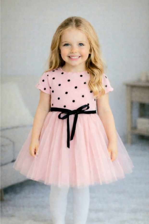 Girl's Short Sleeve Polka Dot Tulle Skirt Dress Pink