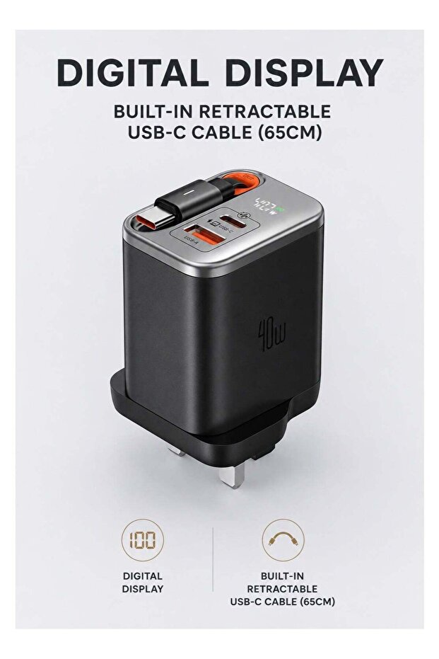 40W GaN Fast Charger with Built-in 65cm USB-C Cable, UK Plug, Digital Display