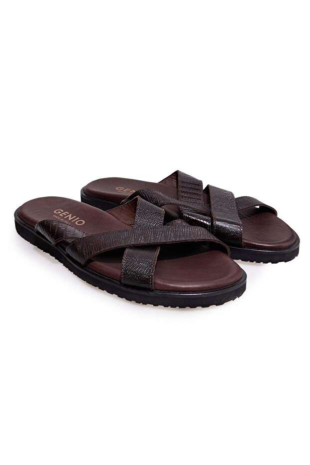 Brown Genuine Leather Men's Slippers