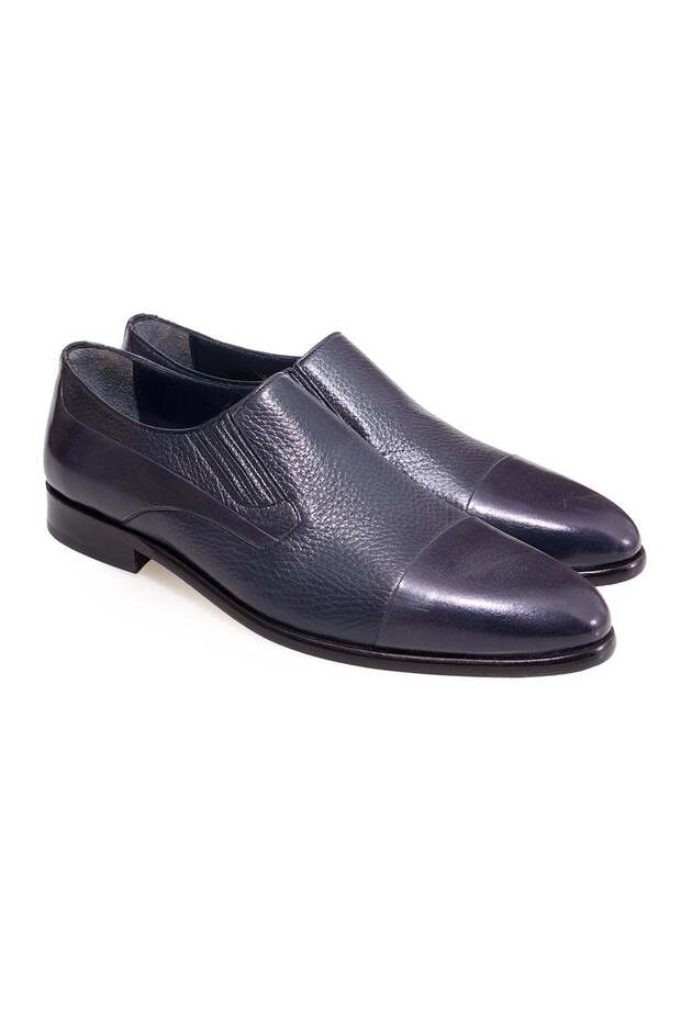 Dark Blue Color Laceless Genuine Leather Leather Sole Men's Shoes