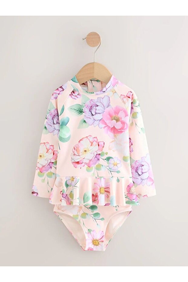 Pink Floral Pattern Sun Protective Swimsuit