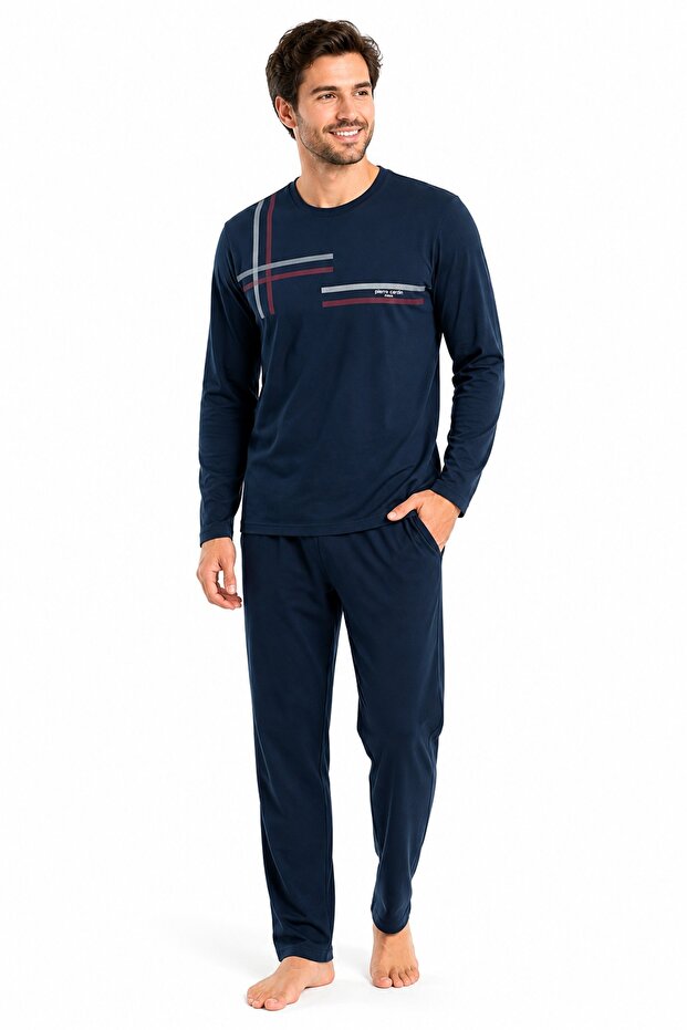 Men's Pajama Set, Crew Neck, Cotton, Asymmetrical Line Pattern