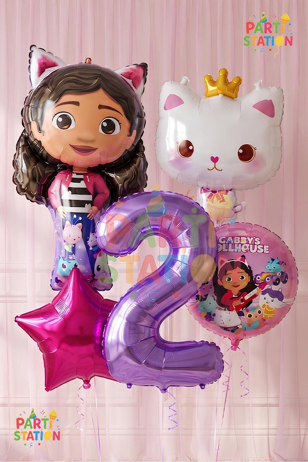 Gabby Dollhouse Balloon Set for 2 Years Old, 5 Pieces, Gabby Cat Balloon Decoration Set