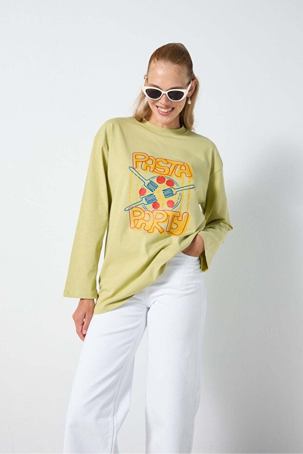 Women's Green Oversize Printed Long Sleeve Long Tshirt 31210