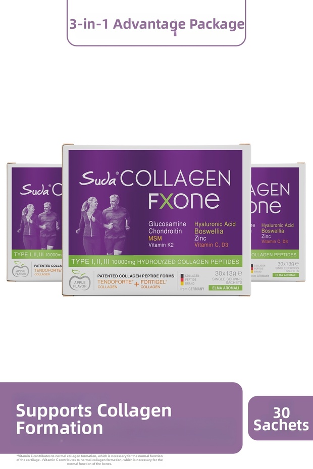 Fxone Hydrolyzed Collagen, Glucosamine, Vitamin C, Msm, Boswella, Joint-Bone Apple Flavored 30 Sachets X3 Pieces