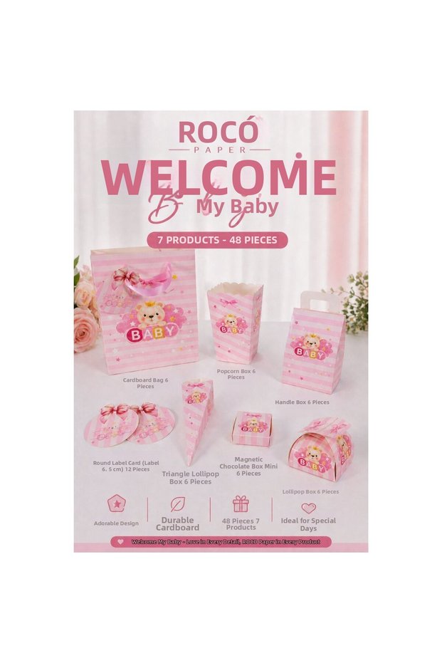 Welcome Baby Gift Set, Pink, Baby Shower & Birthday Treat Set with Teddy Bear, 7 Items-48 Pieces