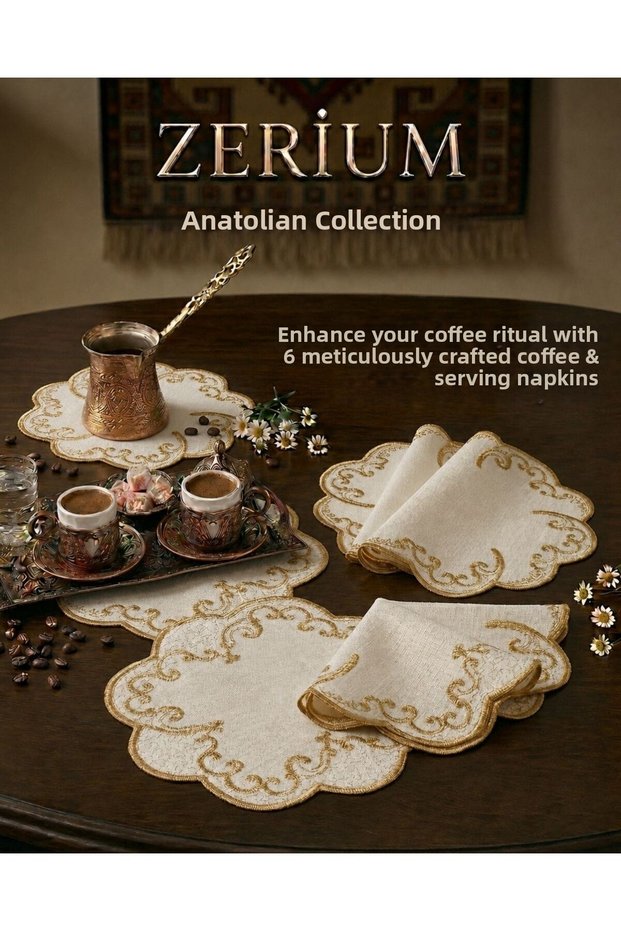 Premium 6-Piece Cocktail and Coffee Presentation Napkins Gold Color Embroidery Palace Embroidered