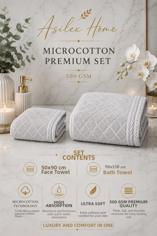 Microcotton Premium 2-Piece Towel Set Ultra Soft Bath and Head Towel Set 90X150 cm + 50X90 cm 500 Gsm Oeko-Tex ® Certified