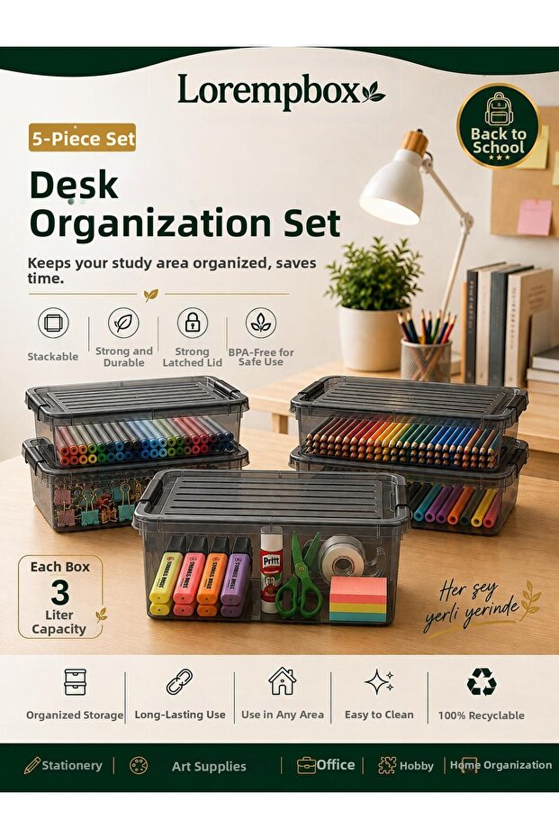 5-Piece 3 L Table Layout Storage Box Set | Transparent Organizer Box with Locking Lid, Stationery and Hobby Organizer