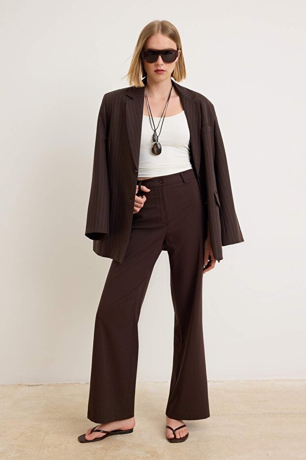 Koyu Kahverengi Wide Leg/Geniş Paça Yüksek Bel Dokuma Kumaş Pantolon TWOSS23PL00314 - 1