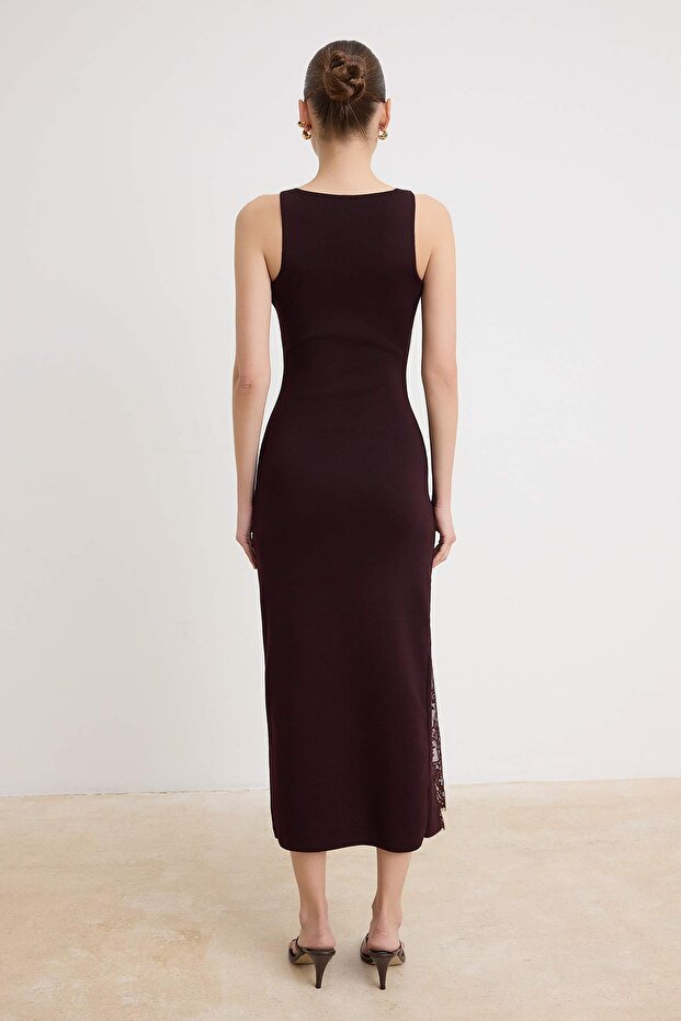 Bordo Düz Maxi Maxi Bisiklet Yaka Vücudu Saran Dantel Detaylı Triko Elbise TWOSS26EL00178 - 7