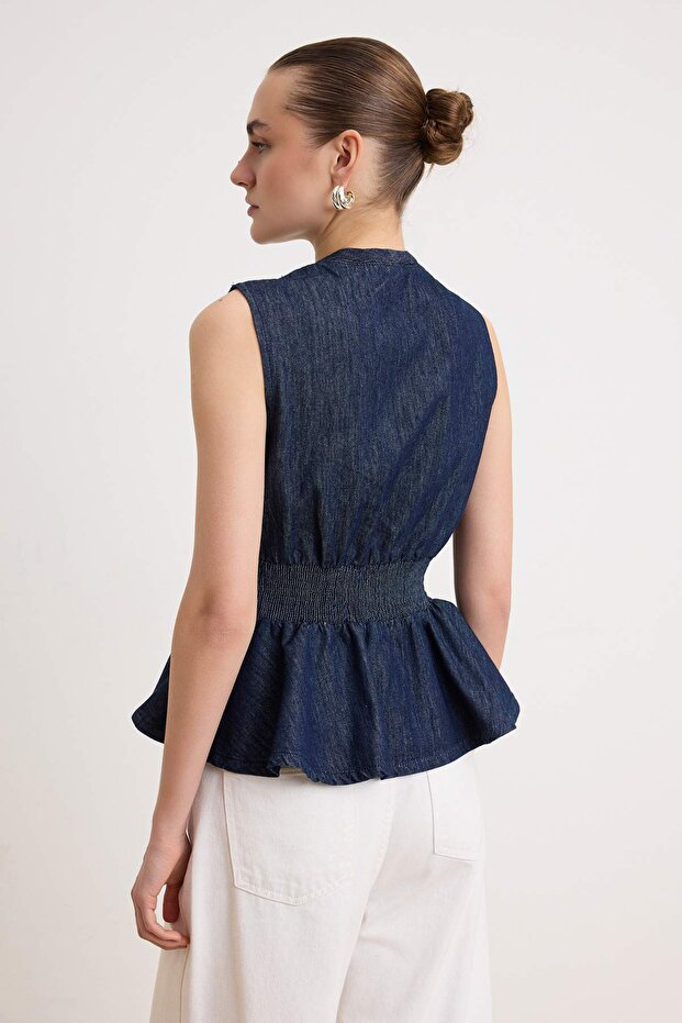 Koyu Mavi DÖKÜMLÜ Peplum Volanlı Denim Bluz TWOSS26BZ00197 - 4
