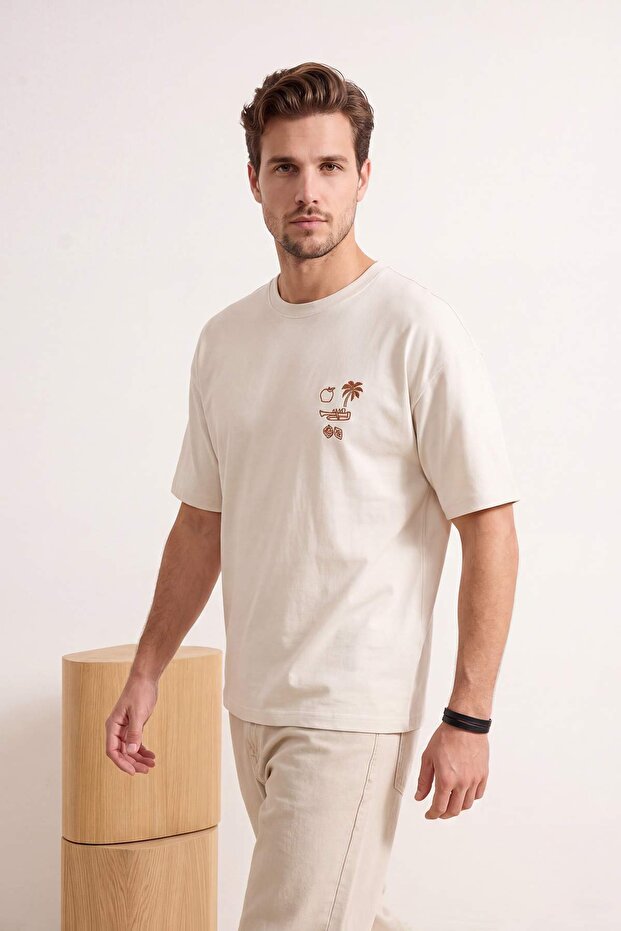 Ekru Oversize/Geniş Kesim Nakışlı %100 Pamuk T-Shirt TMNSS26TS00051 - 1