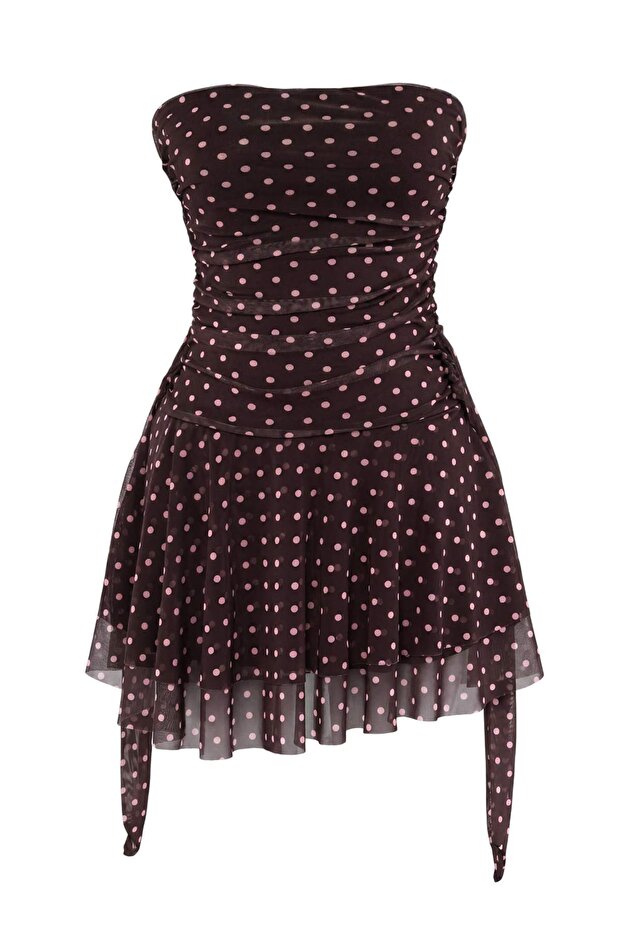 Kahverengi Straplez Puantiyeli Kısa / Mini Elbise TPRSS26EL00279 - 5