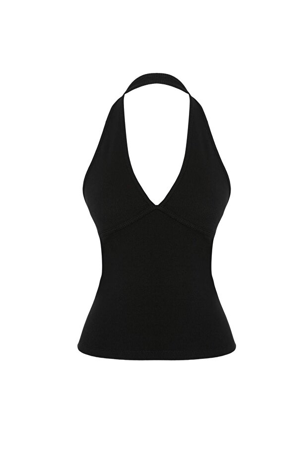 Siyah Fitted/Vücuda Oturan Boyundan Bağlamalı Kolsuz Fitilli Esnek Örme Bluz TWOSS26BZ00763 - 5