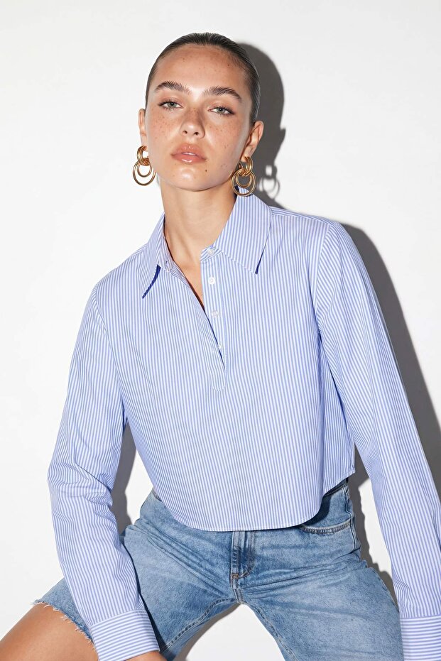 Blue Crop V-Neck Half Placket Buttoned Shirt Tdrss26Go00085