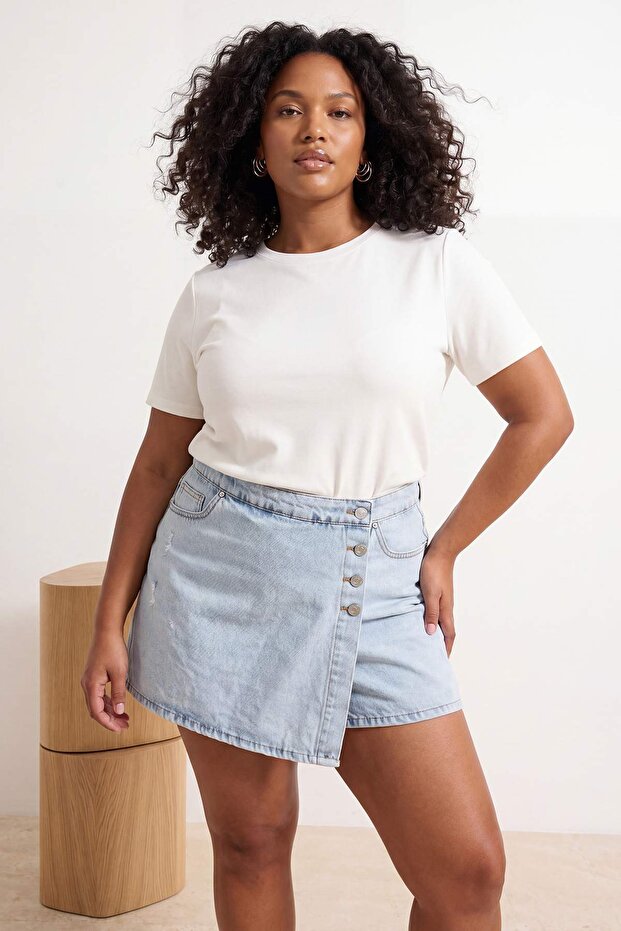 Lila-Sarı-Ekru 3'lü Paket Büyük Beden T-shirt TBBSS25BF00071 - 6