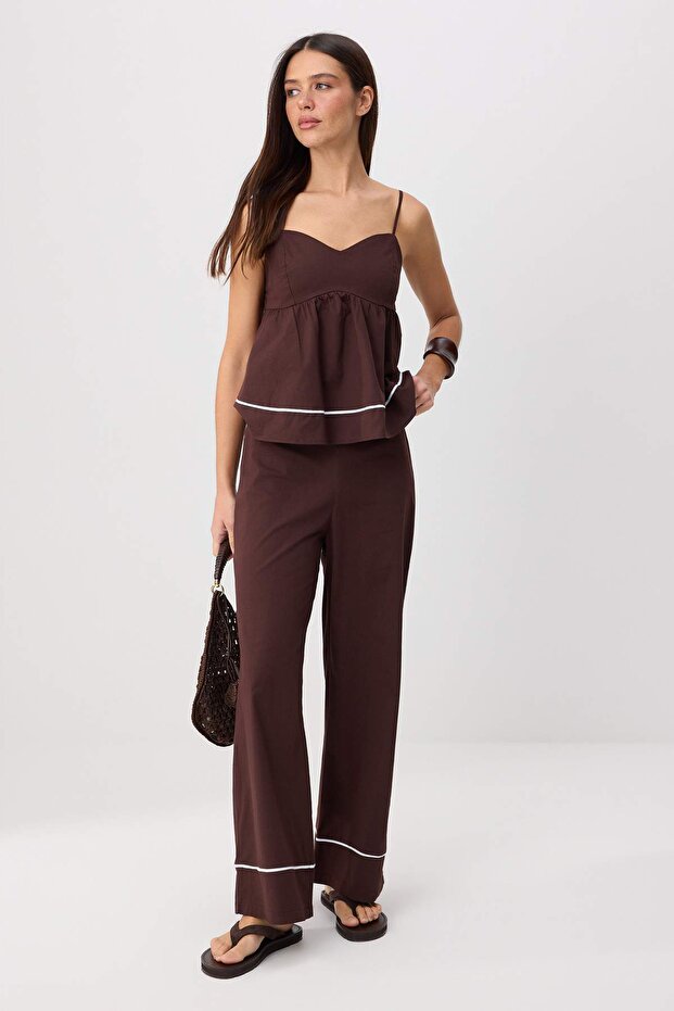 Kahverengi Askılı Peplum Bluz Düz Kesim Pantolon Dokuma Alt - Üst Takım TWOSS26AU00138
