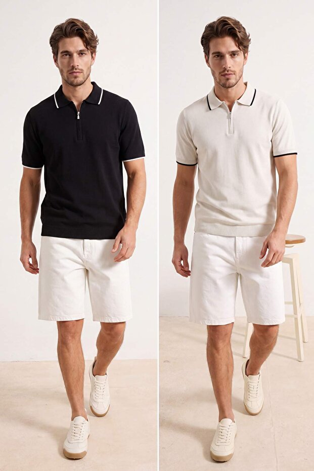 Siyah-Beyaz 2'li Paket Regular Kesim Yaka ve Kol Çizgili Triko Polo Yaka T-shirt TMNSS26PO00026