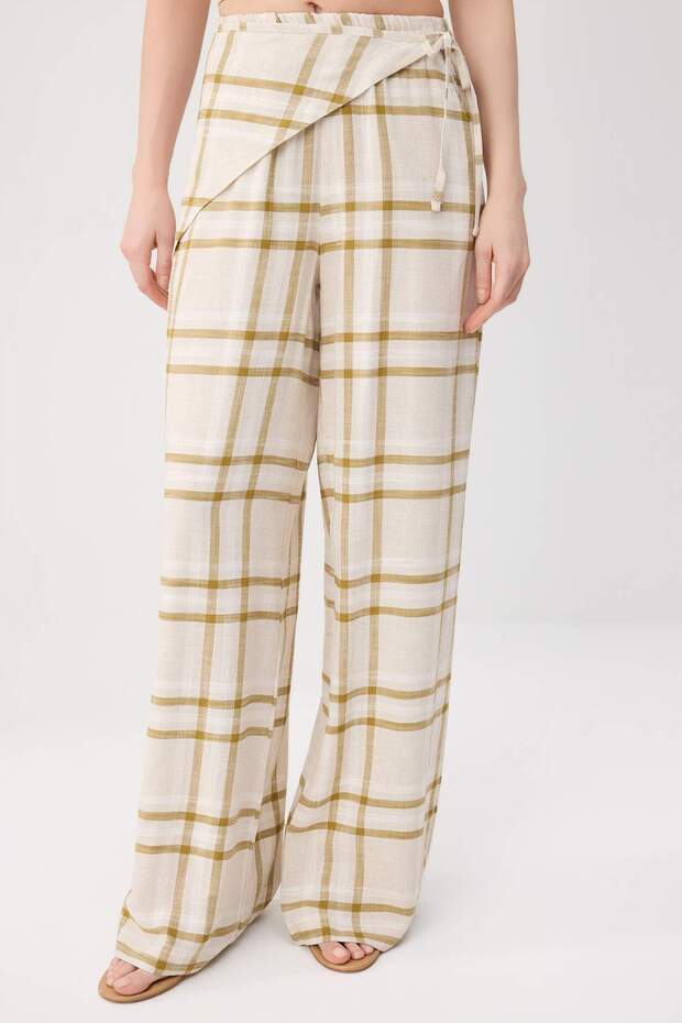 Bej Keten Karışımlı Ekoseli Beli Şallı Pantolon TWOSS26PL00241 - 3
