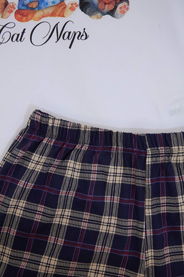 Teen Beyaz-Çok Renkli %100 Pamuklu Kedi Baskılı Ekoseli Örme Pijama Takımı THMSS26PT00160 - 7