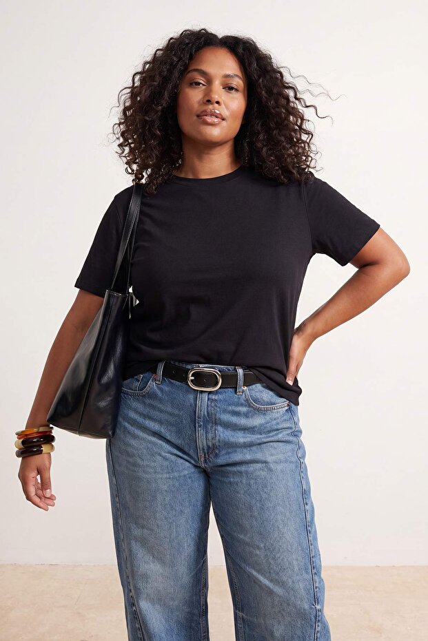 Siyah Fitted/Vücuda Oturan Kısa Kollu Pamuk Ribana Örme Büyük Beden T-Shirt TBBSS26BF00079 - 2