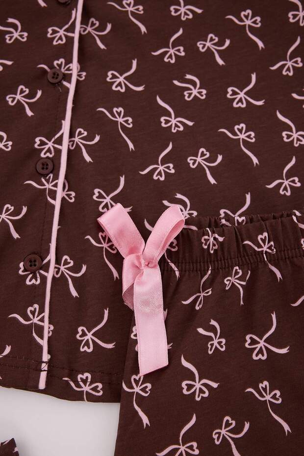Kahverengi %100 Pamuklu Kurdele Desenli Biyeli Örme Pijama Takımı THMSS26PT00026 - 2