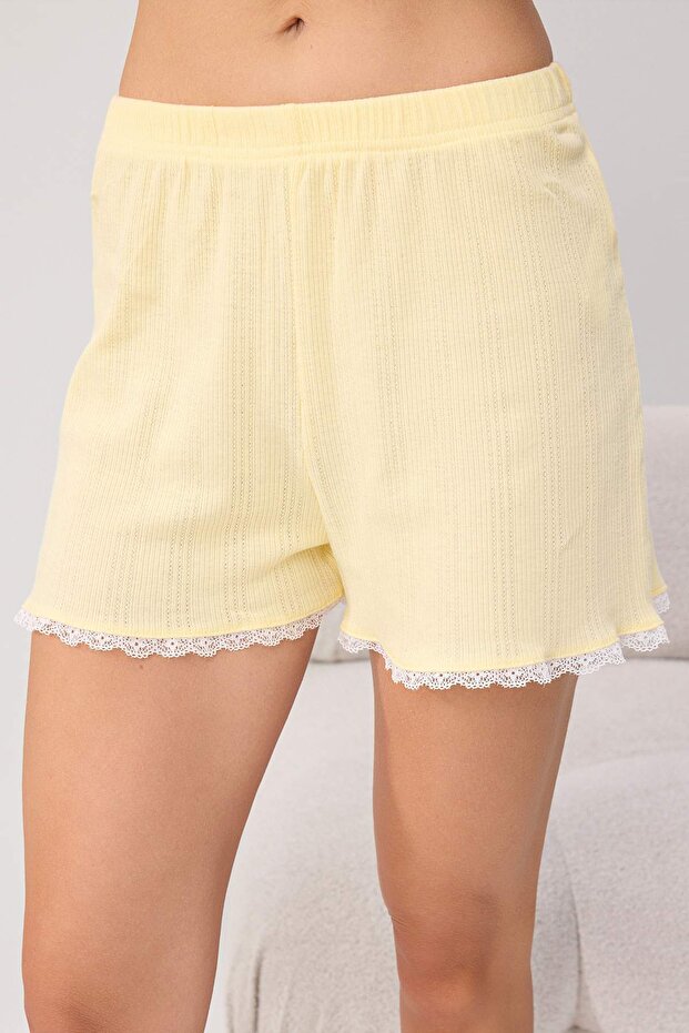 Sarı %100 Pamuk Dantel Detaylı Pointel Örme Pijama Takımı THMSS26PT00252 - 3