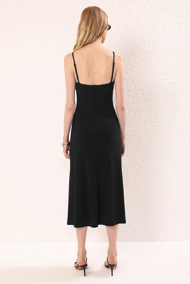 Siyah Düz Büzgü / Drape Maxi Örme Elbise TWOSS25EL00539 - 2