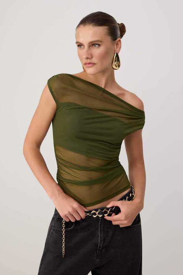 Khaki Plain Asymmetric Collar Long Knitted Tulle Party Blouse Tpraw26Bz00007