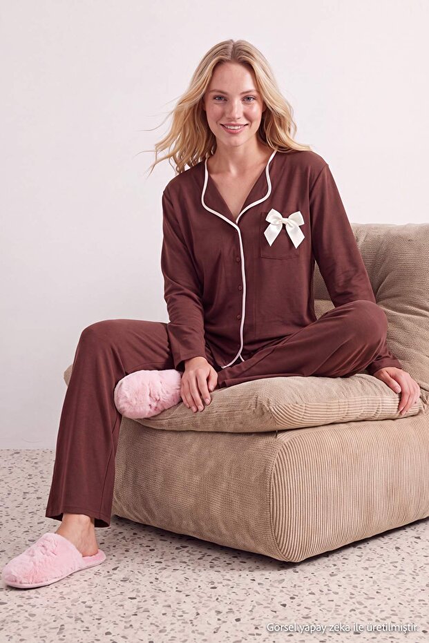 Brown Ribbon/Bow and Piping Detailed Viscose Woven Pajama Set Thmaw26Pt00007