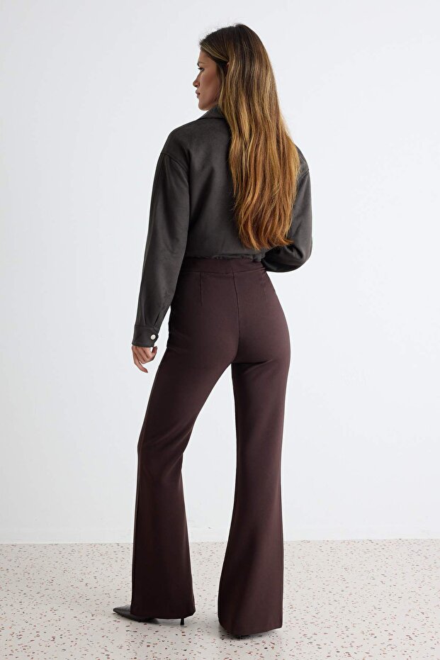 Koyu Kahverengi Flare İspanyol Paça Bootcut Dokuma Pantolon TOFAW19BB0581 - 4