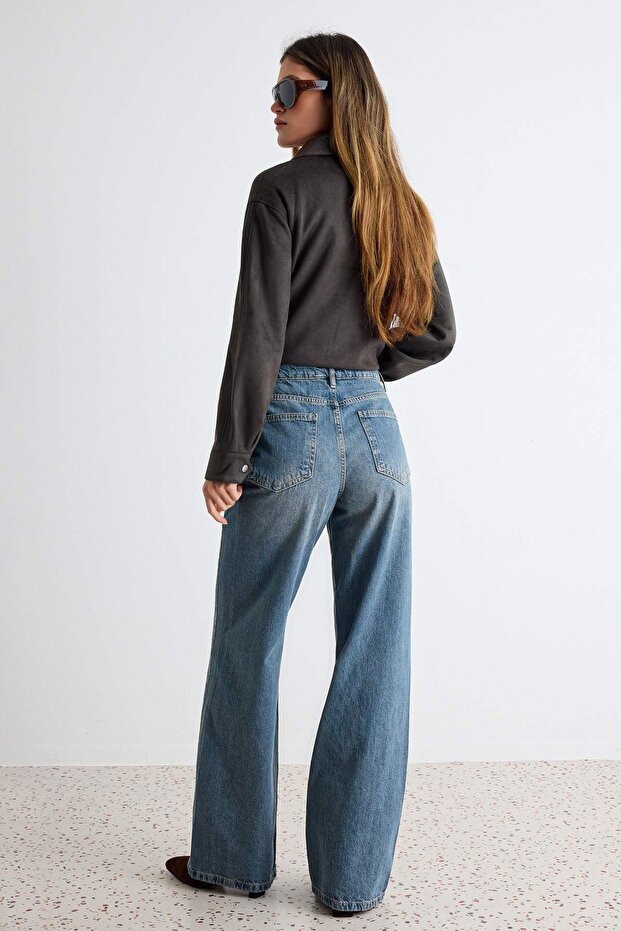 Indigo Yüksek Bel Wide Leg Geniş Paça %100 Pamuk Non-Stretch Jeans TWOAW24JE00089 - 4