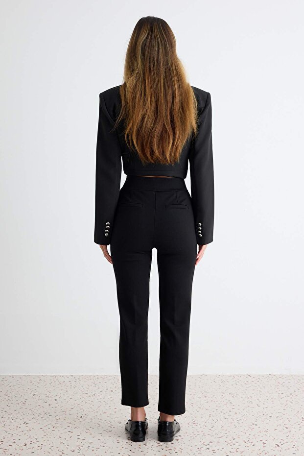 Siyah Toparlayıcı Yüksek Bel Nervürlü Beli Lastikli Slim Fit Kalın Örme Pantolon TWOAW24PL00114 - 4