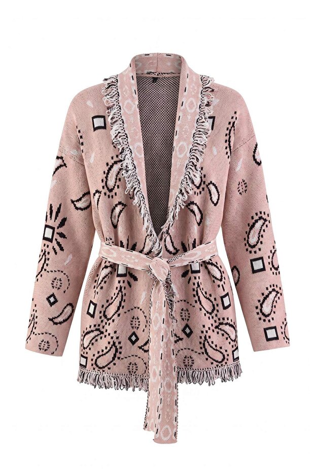 Pembe Oversize Şal Yaka Etnik Desenli Kuşaklı Triko Hırka TWOAW27HI00125