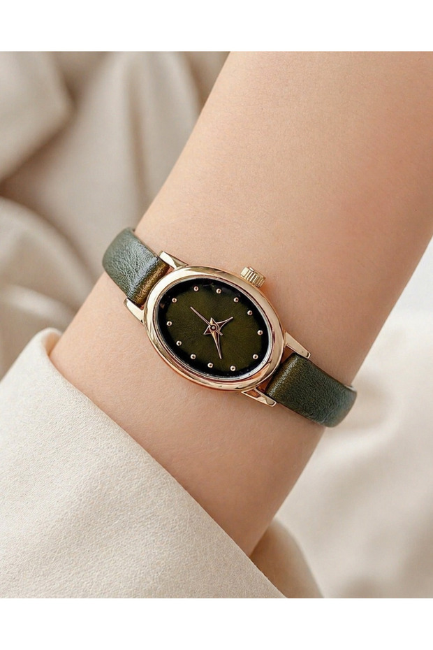Gold Color Case Khaki Leather Strap Minimal Women's Wristwatch