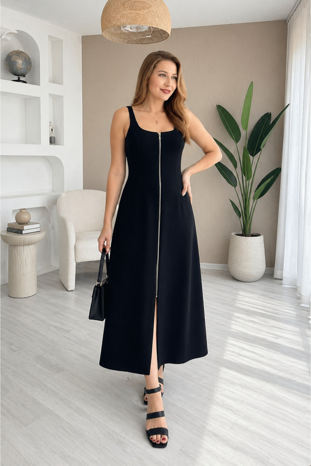 Women's Strap Square Neck Front Zipper Wide Cut Janjan Crepe Dress