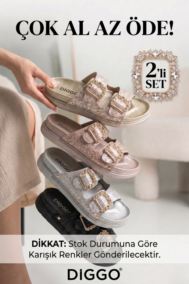 2-Piece Women's Imported Shiny D Leather t Slipper Double t Buckled Comfortable Sole Daily Slippers